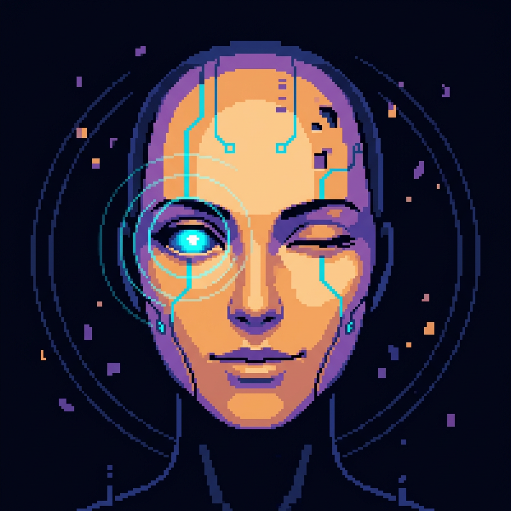 Pixel-art humanoid AI winking with one cyan eye